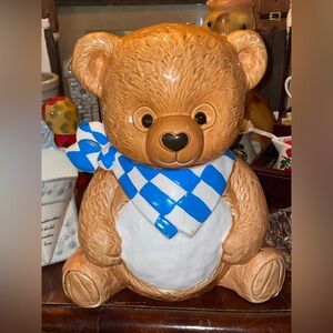 Vintage Teddy Bear Cookie Jar with blue and white checkered bandana.